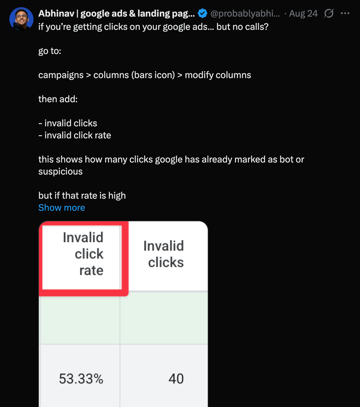 Tweet from Abhinav: how to check invalid clicks and invalid click rate in Google Ads
