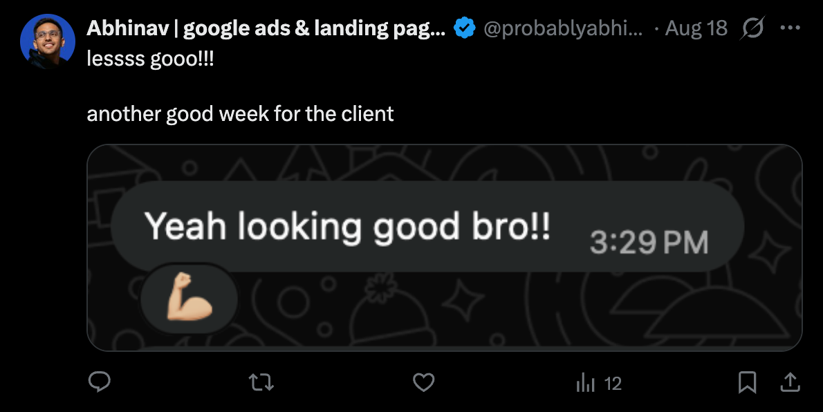 Tweet from Abhinav: another good week for the client, with a happy client message