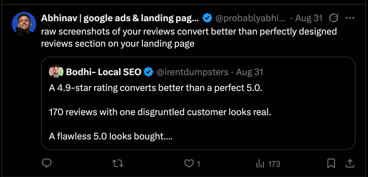 Tweet from Abhinav: raw screenshots of your reviews convert better than a perfectly designed reviews section